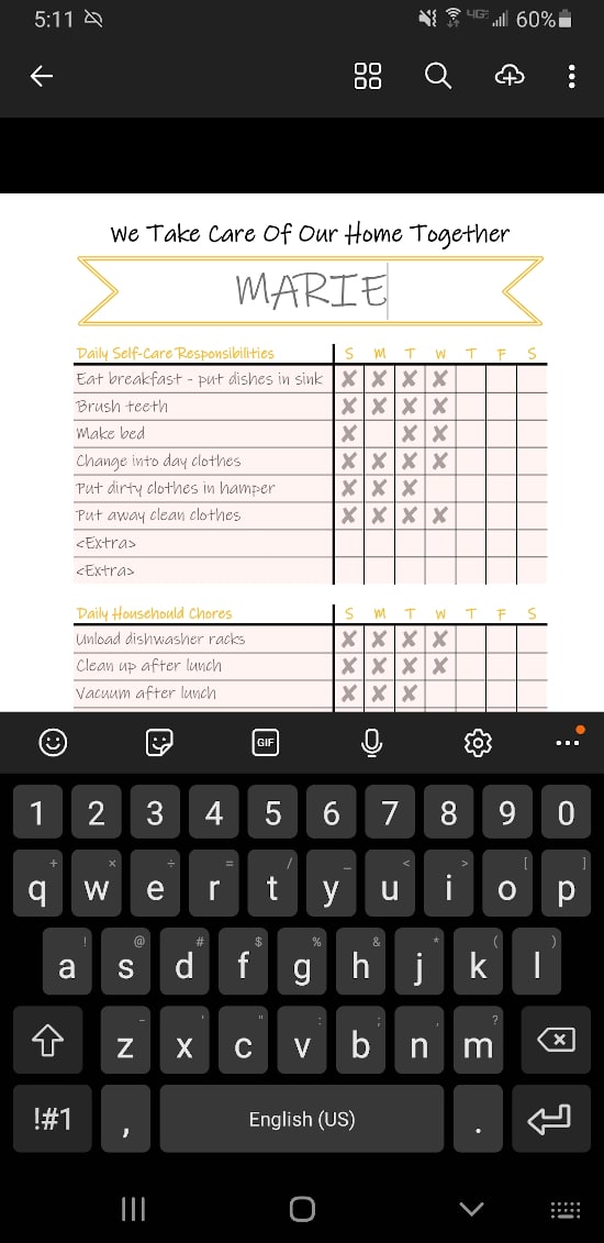 Sample screenshot of chore chart being used on a cell phone.