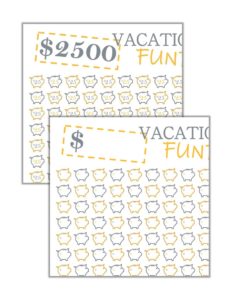 Combo image showing formatted vacation savings tracker and blank vacation savings tracker printable..