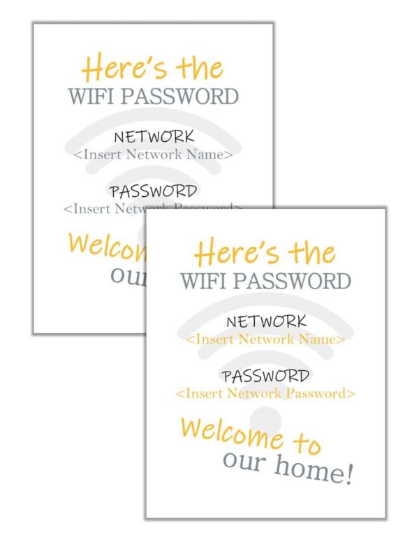 Combo image showing the WiFi password printable with yellow text, and with gray text.