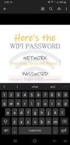 Sample screenshot of WiFi password printable being used on a cell phone.