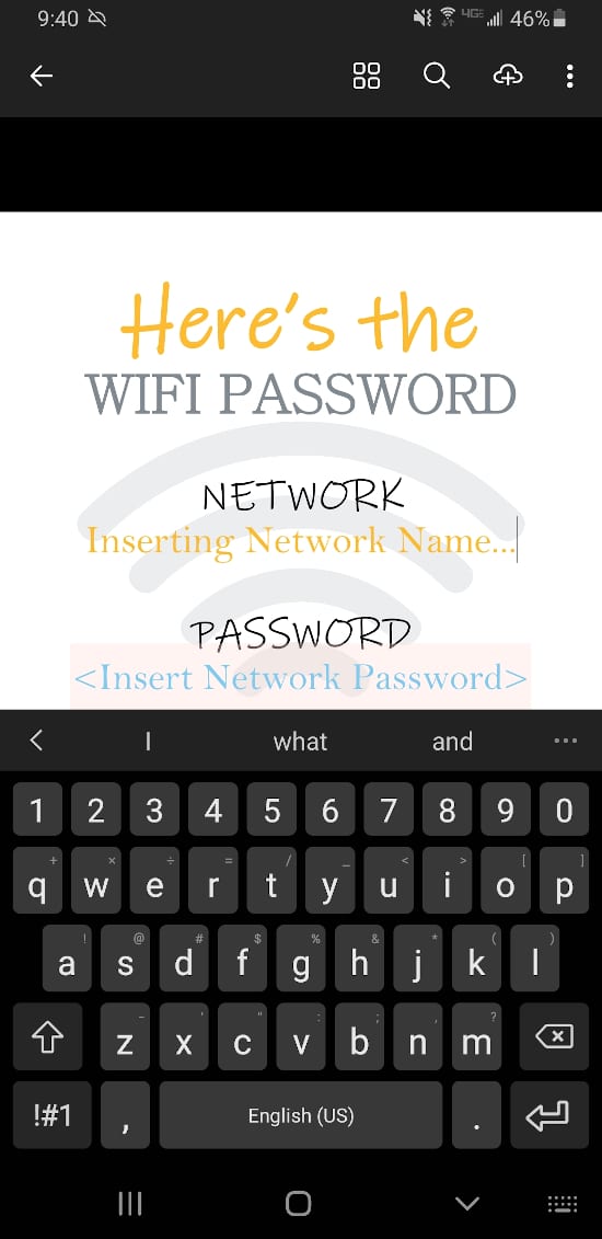 Sample screenshot of WiFi password printable being used on a cell phone.