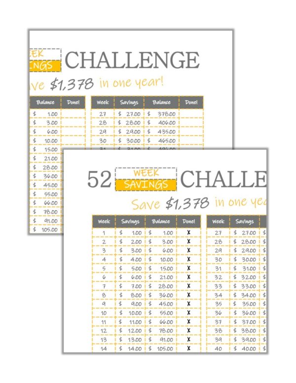 Combo image showing samples of blank and fillable form 52 weeks savings challenge.