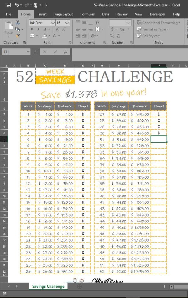 Image showing a sample of the 52 week savings challenge in Microsoft Excel.