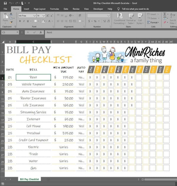 Image showing a sample of the bill pay checklist in Microsoft Excel.