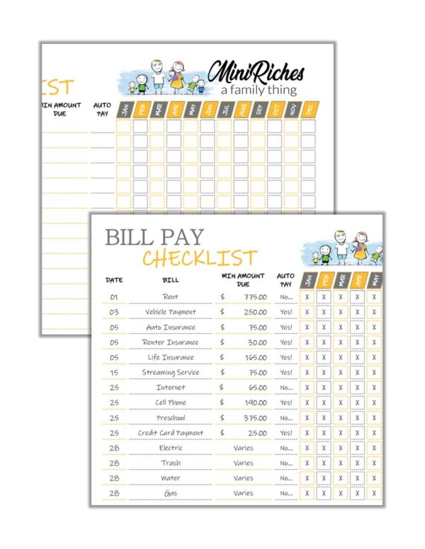 Combo image showing samples of blank and fillable form bill pay checklist.
