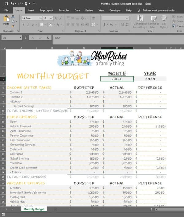 Sample image of monthly budget in Microsoft Excel.