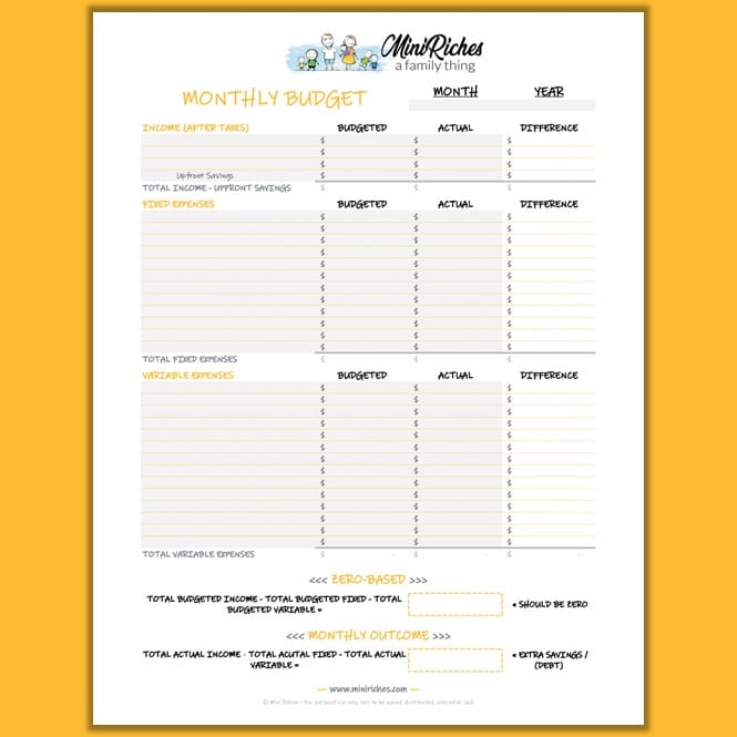 Product showcase showing monthly budget template created by Mini Riches LLC.