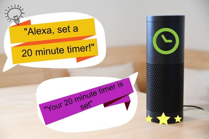 Last-minute mom requesting an Alexa device to set a 20 minute timer and Alexa responding with Your 20 minute time is set.