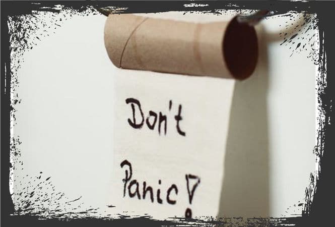Empty toilet paper roll that says, "Don't Panic!"