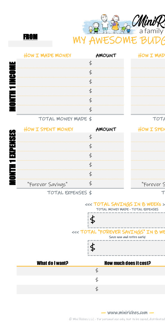 Left half image showing blank Kid-Friendly Budget Worksheet.