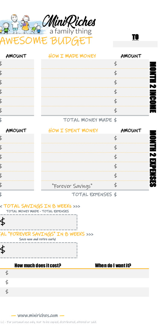 Right half image showing blank Kid-Friendly Budget Worksheet.