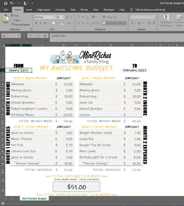 Kid-Friendly Budget Worksheet Microsoft Excel file.