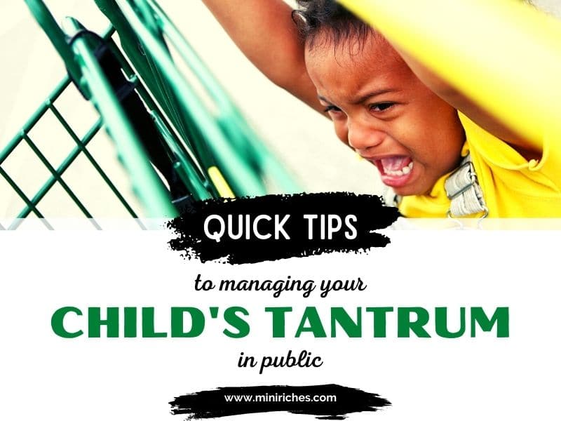 Feature image for 8 Quick Tips to Managing Your Child’s Temper Tantrum in Public post. The image is of a little boy screaming while holding onto a shopping with the post title on overlaid.
